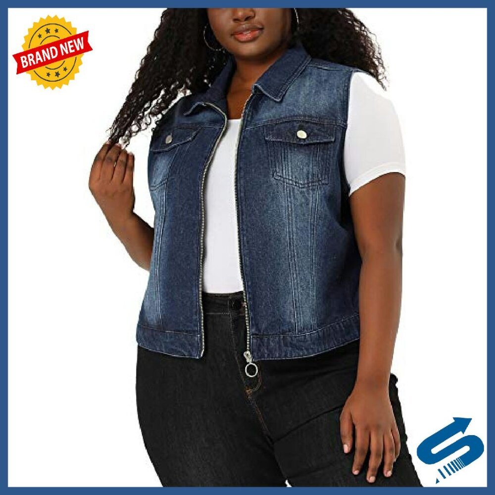 Plus Size Denim Vest Sleeveless Zip Up Button Down Waistcoat - Picture 2 of 6
